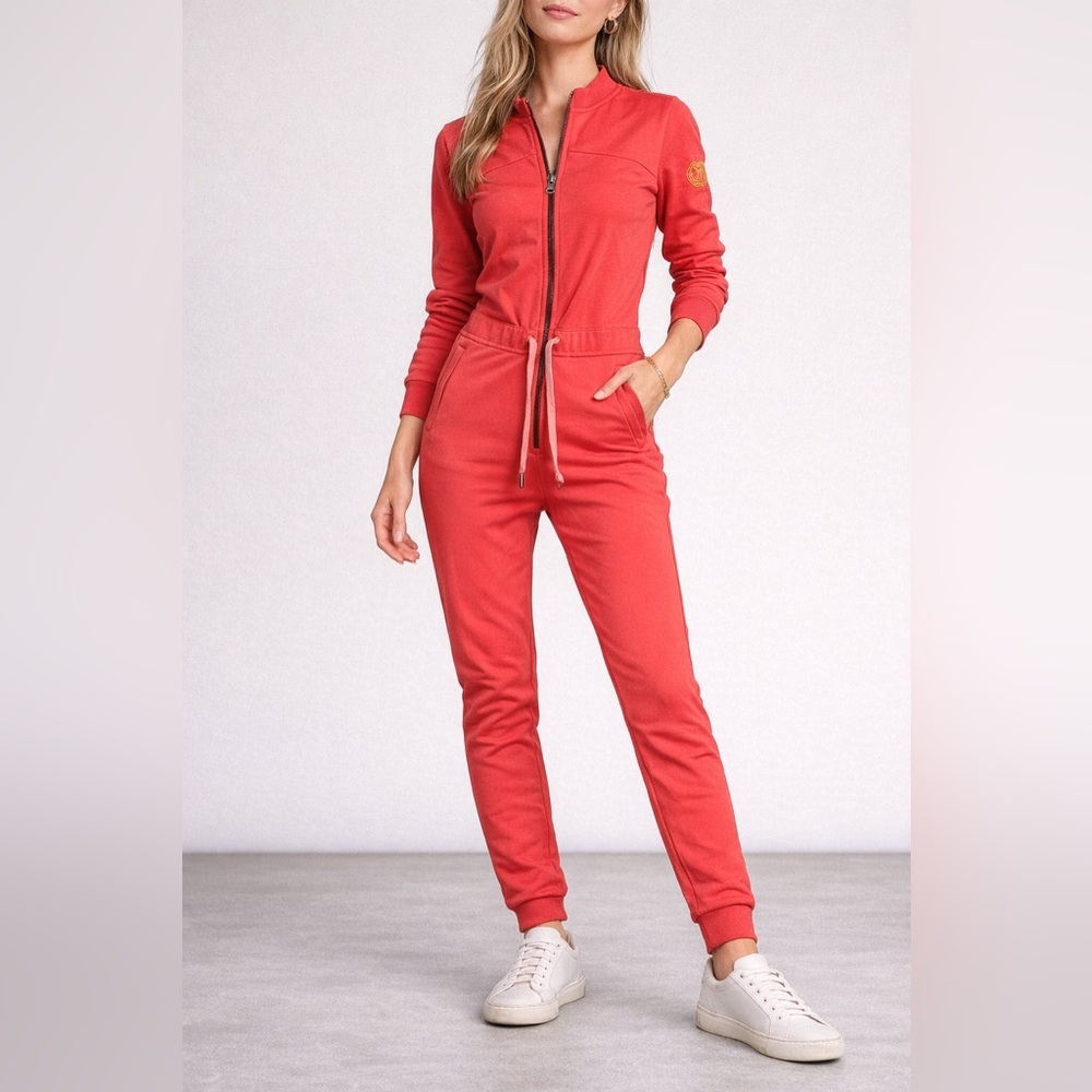 Lovello Elizabeth Coral Zip Front Jumpsuit Jogger Stretch One Piece Small